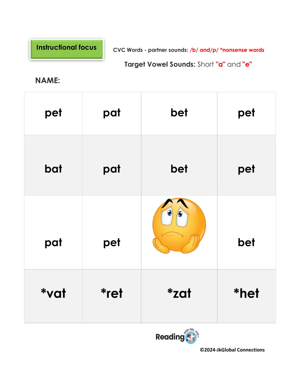 RAN chart 4: short a and e CVC words pet, pat, bet, and bat, plus starred entries vat, ret, zat, and het.