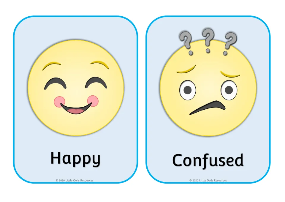 Emotion cards: a smiling Happy emoji and a Confused emoji with question marks, each labeled for naming feelings