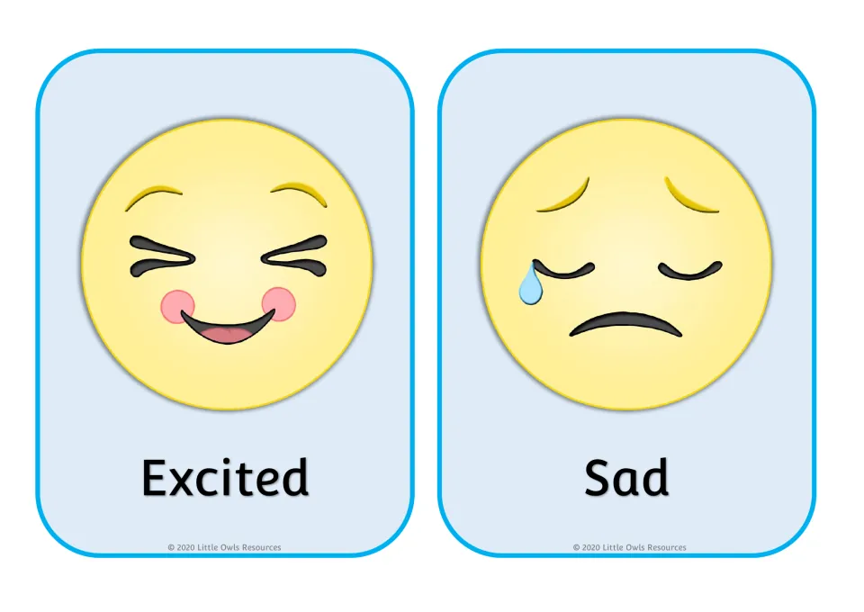 Emotion cards: an Excited emoji with squeezed-shut eyes and a Sad emoji with a tear, for naming feelings