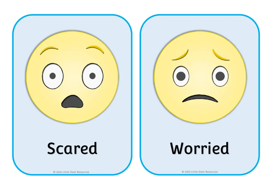 Emotion cards: a Scared emoji with wide eyes and open mouth and a Worried emoji with a frown, for recognizing feelings
