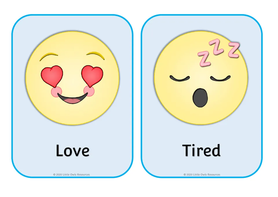 Emotion cards: a Love emoji with heart eyes and a Tired emoji yawning with Zzz, labeled so children can name each feeling