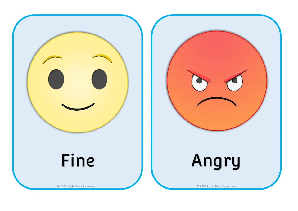 Emotion cards: a calm smiling Fine emoji and a red frowning Angry emoji, labeled for identifying emotions