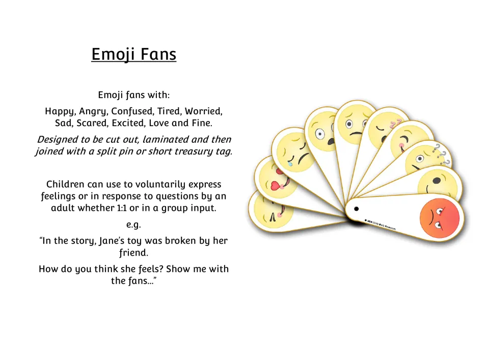 Emoji Fans guide: lists the 10 feelings, how to cut, laminate and join the fan, and a story prompt asking how Jane feels