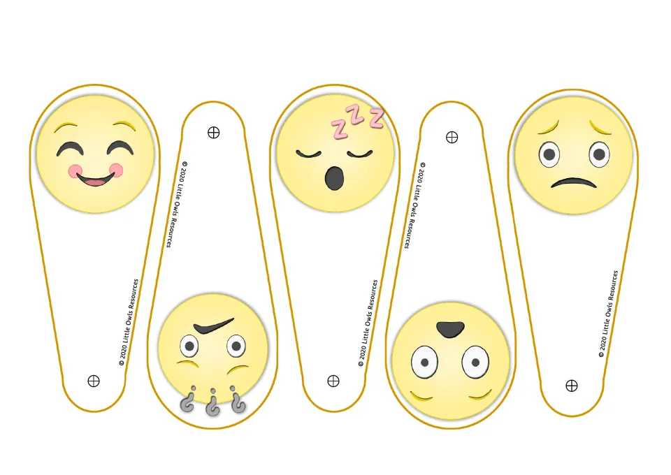 Emoji fan cut-out pieces: five blades showing happy, confused, tired, scared and worried faces, each with a pin hole