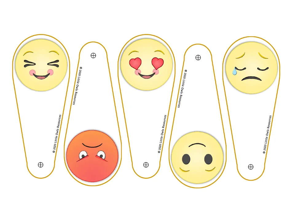 Emoji fan cut-out pieces: five more blades with excited, angry, love, fine and sad faces, each marked with a pin hole