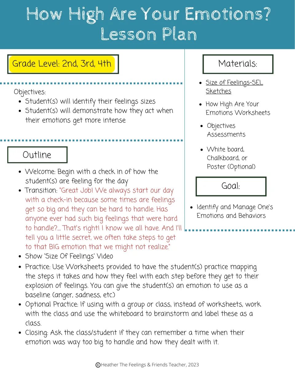 Lesson plan on feeling sizes: objectives, materials, goal and outline from check-in and video to practice and closing