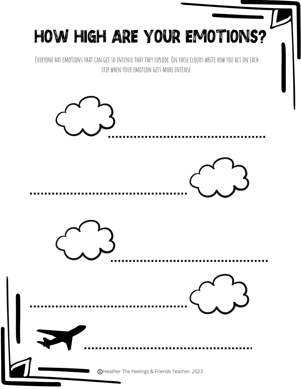 Emotion clouds: students write how they act at each of four clouds and an airplane as their emotion intensifies