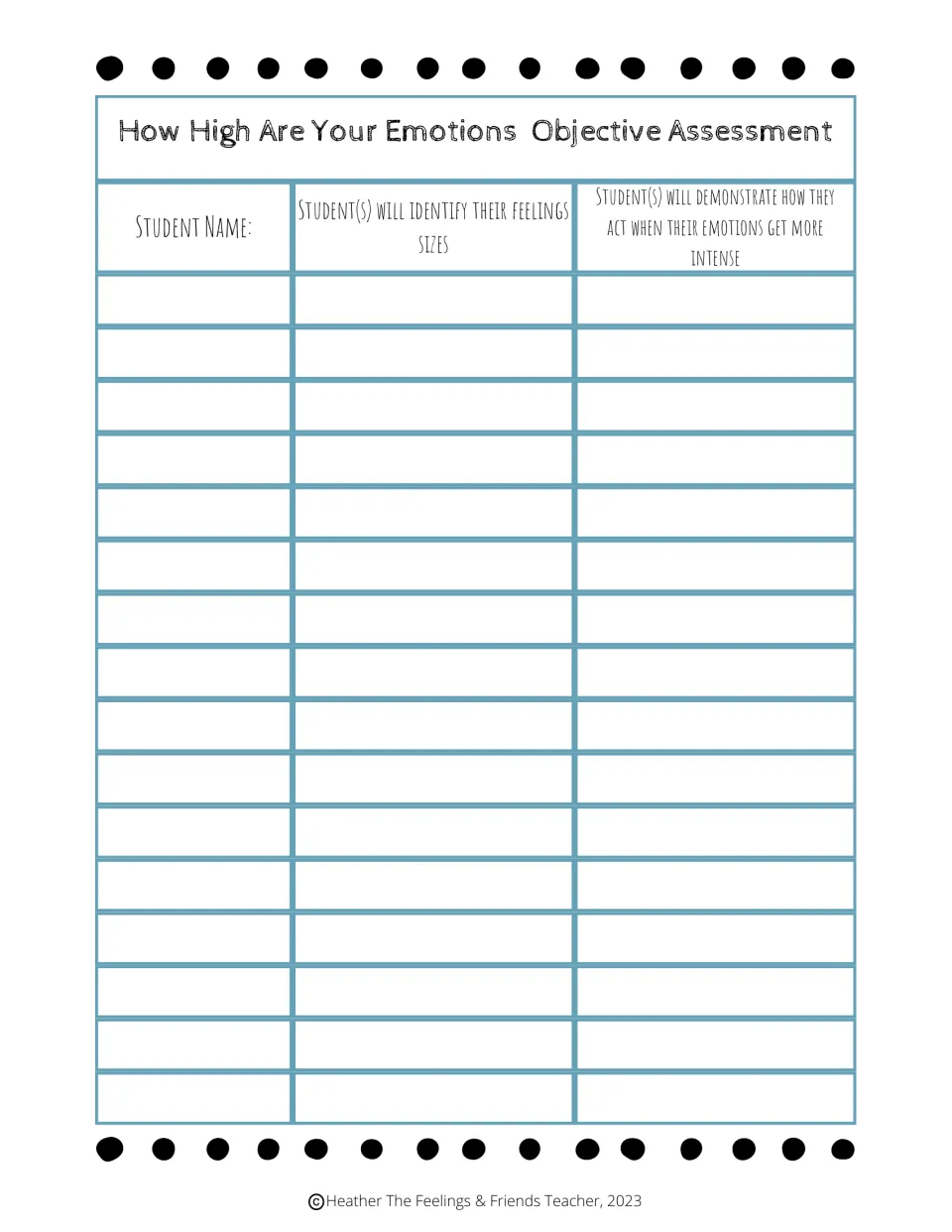 Objective assessment chart: student name column plus columns for identifying feeling sizes and how they act when intense