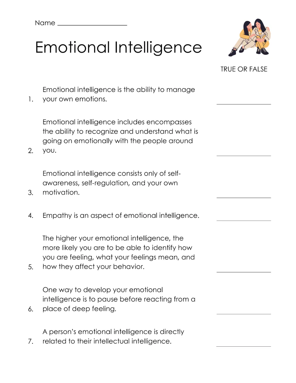 Emotional intelligence true or false quiz: students judge 7 statements about empathy, self-regulation and IQ