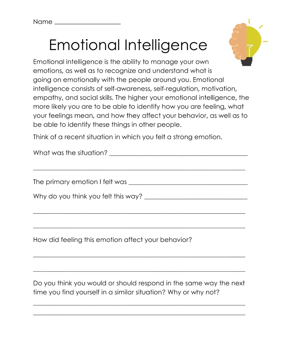 EI defined as self-awareness, self-regulation, motivation, empathy and social skills; students recall a strong emotion