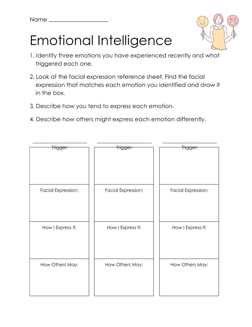 Naming emotions: students list 3 recent feelings with triggers, draw each facial expression and compare how others show it