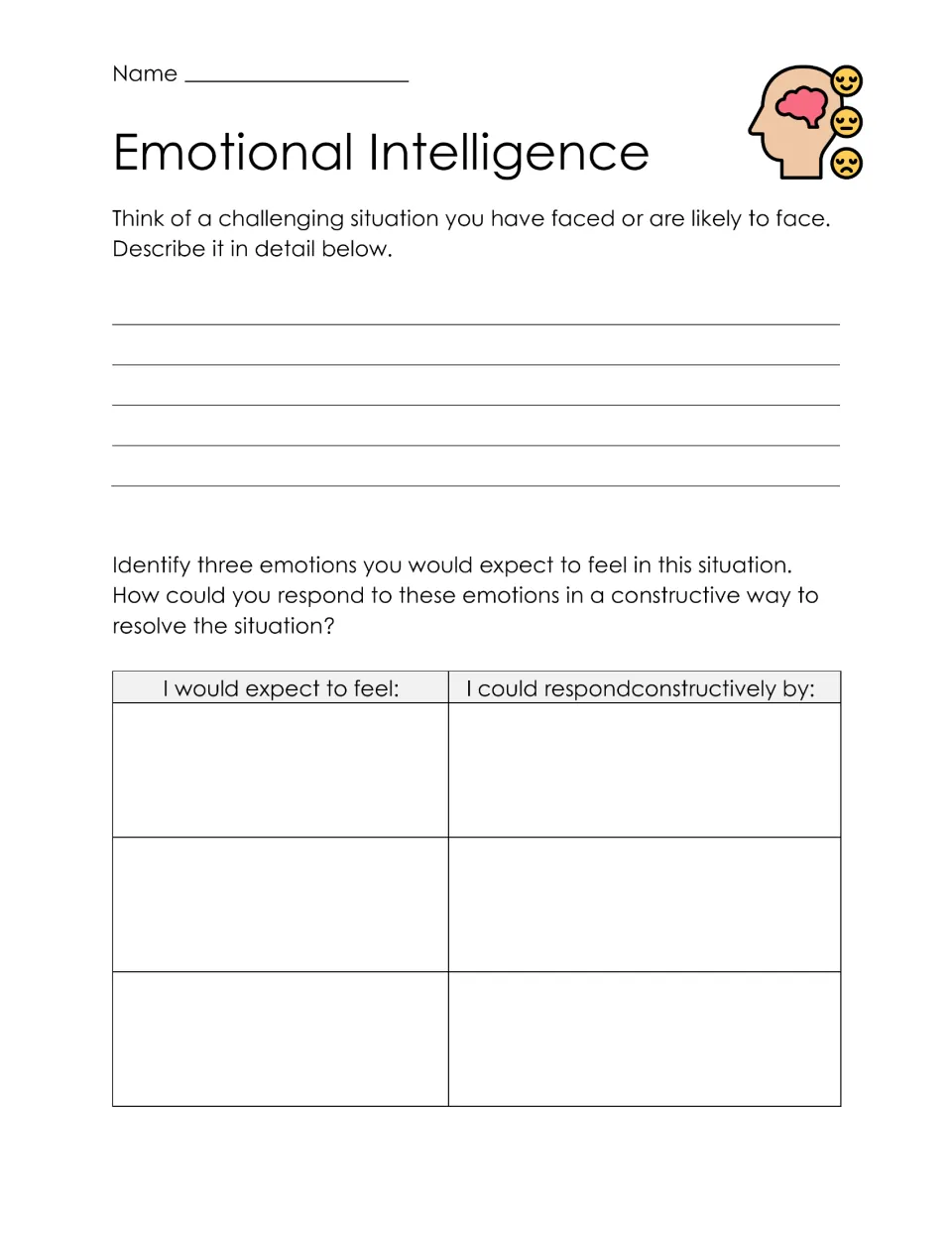 Planning for a challenge: students describe a hard situation, name 3 expected emotions and constructive responses