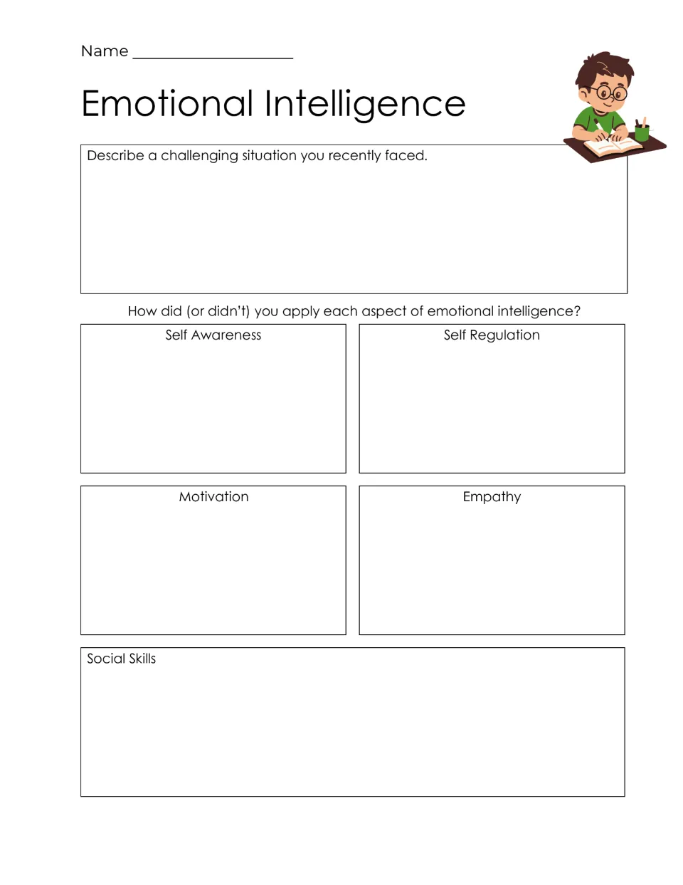 Challenging situation organizer: students describe a recent challenge and how they used each of the 5 aspects of EI