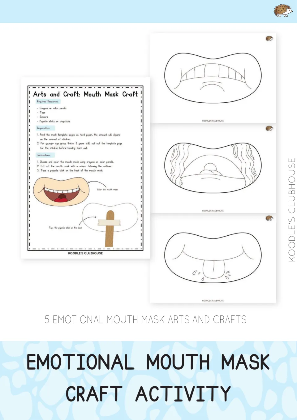 Emotional mouth mask craft cover showing 5 mouth mask templates and a craft instruction sheet with a popsicle stick