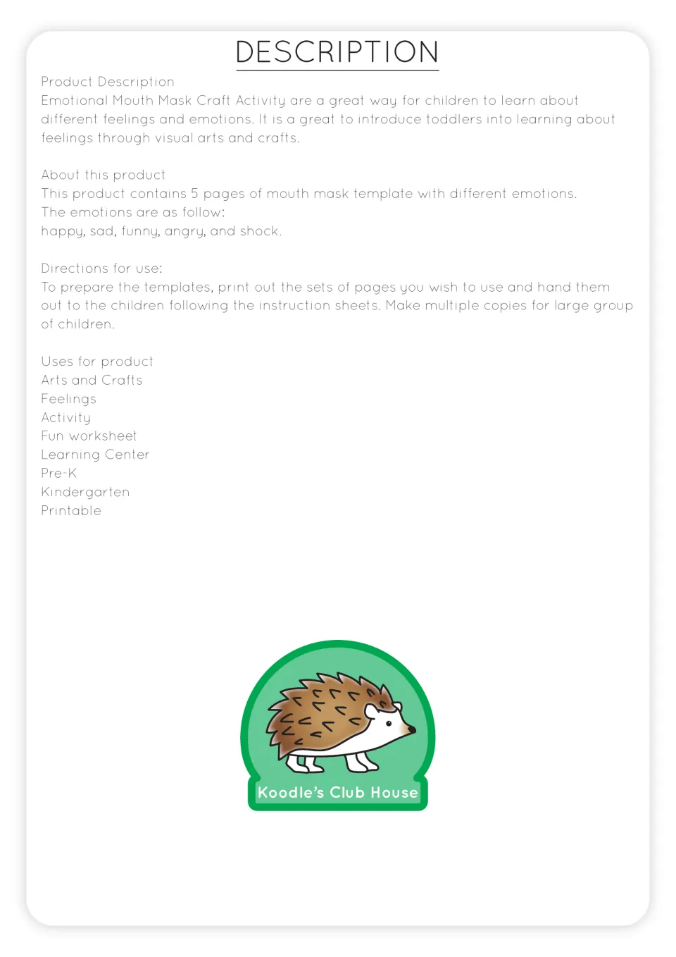 Product description listing the five mouth mask emotions (happy, sad, funny, angry and shock) with directions for use