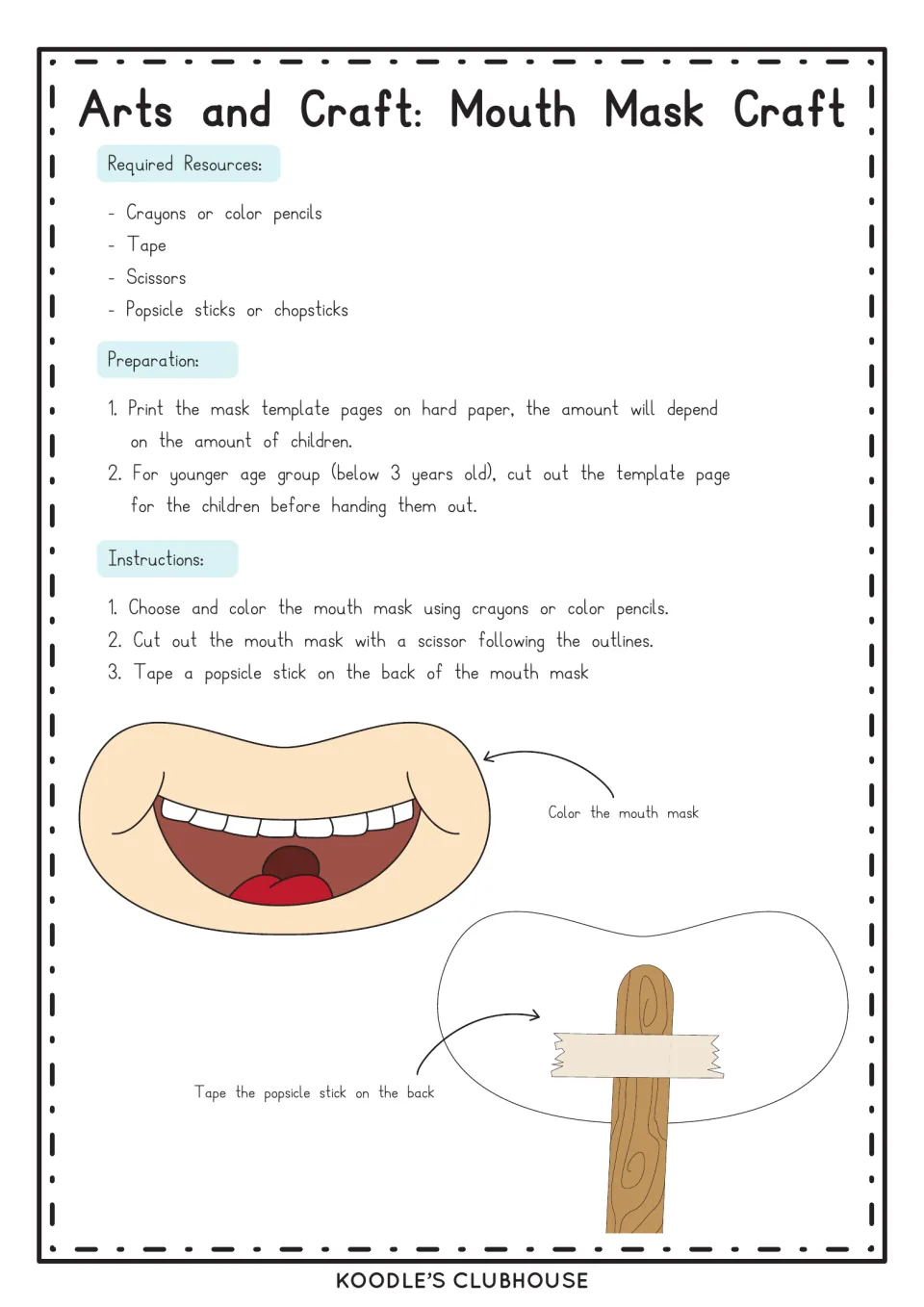 Mouth mask craft steps: students color the mouth, cut it out along the outline and tape a popsicle stick on the back