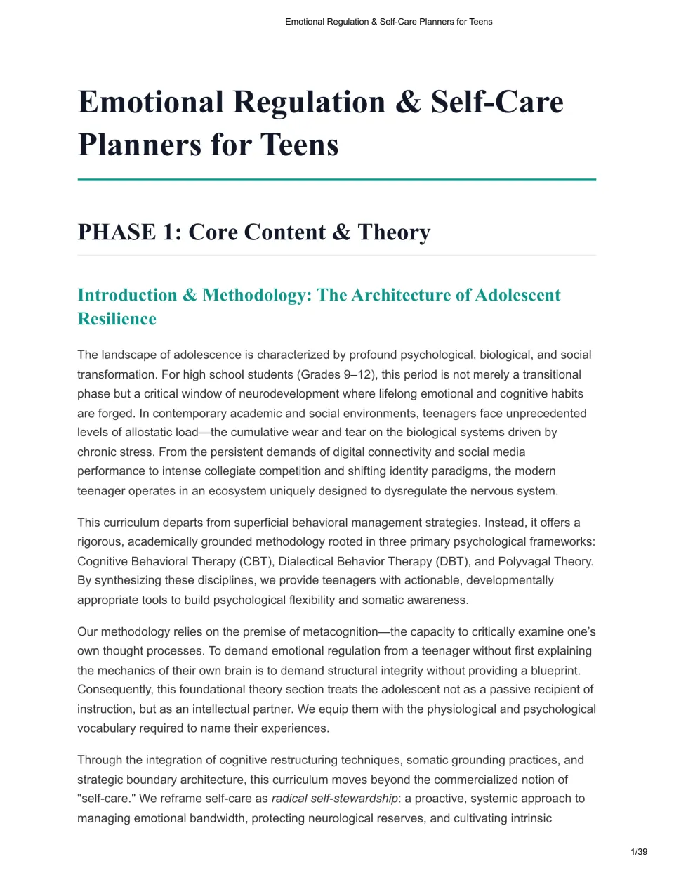 Emotional Regulation & Self-Care Planners for Teens, Phase 1 intro: CBT, DBT and Polyvagal Theory as the framework