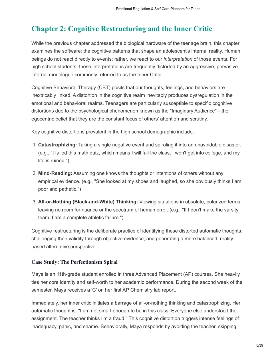 Cognitive Restructuring: defines catastrophizing, mind-reading and all-or-nothing thinking, then Maya's perfectionism case