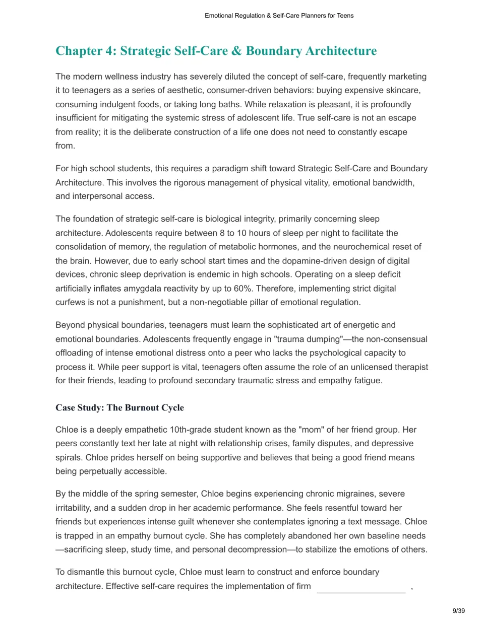 Strategic Self-Care & Boundary Architecture: sleep, digital curfews and emotional limits, plus Chloe's burnout case