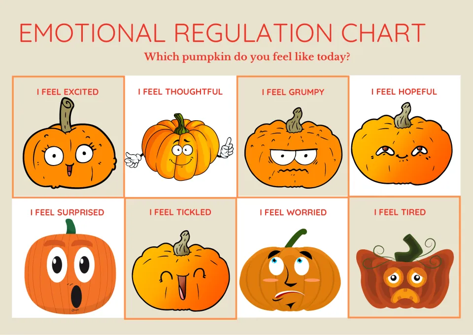 Second feelings chart: students choose from excited, thoughtful, grumpy, hopeful, surprised, tickled, worried and tired