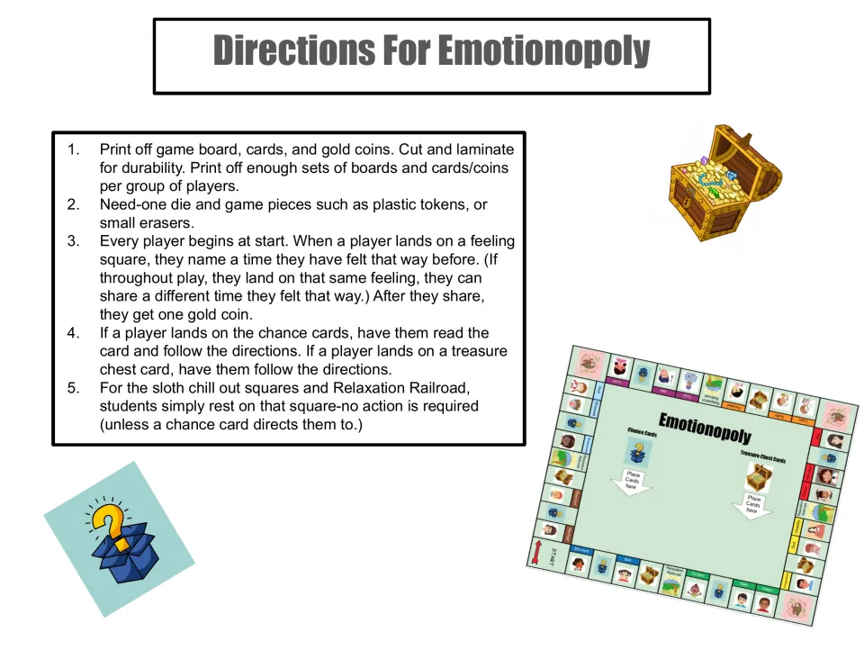 Game directions: players name a time they felt the emotion they land on, earn gold coins, and follow chance card prompts