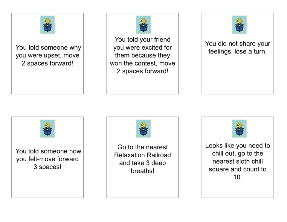 Chance cards: six prompts that move players forward for sharing feelings, or send them to breathe or count to 10 to calm