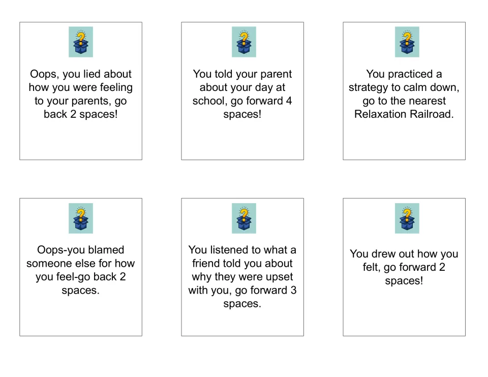 Chance cards on honesty and listening: go back for lying or blaming, move ahead for telling a parent or drawing feelings