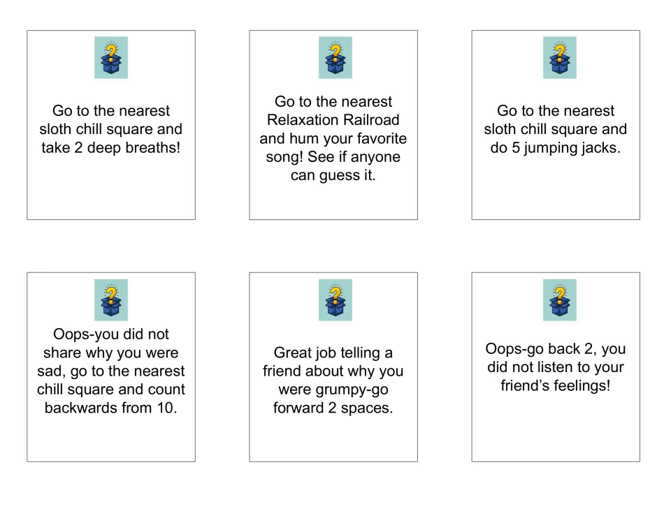 Calm-down chance cards: deep breaths, humming a song, jumping jacks and counting backwards at the sloth chill square