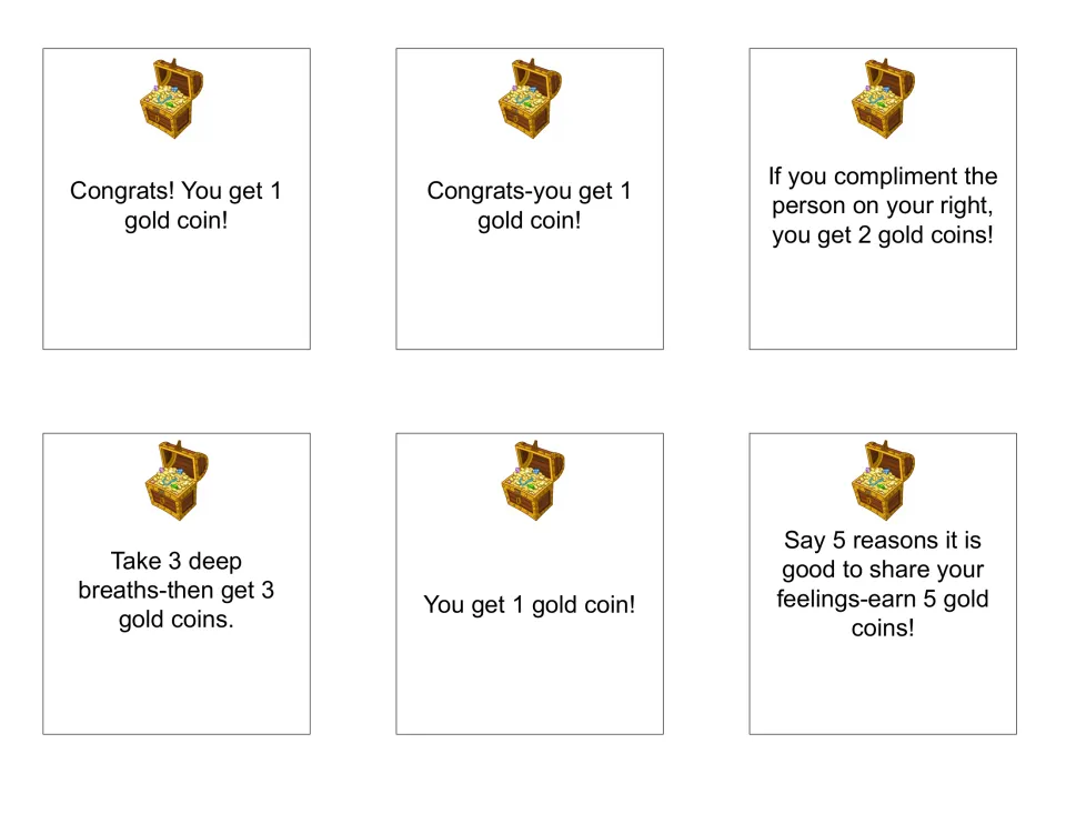 Treasure chest cards award gold coins for compliments, deep breaths and giving 5 reasons it is good to share feelings