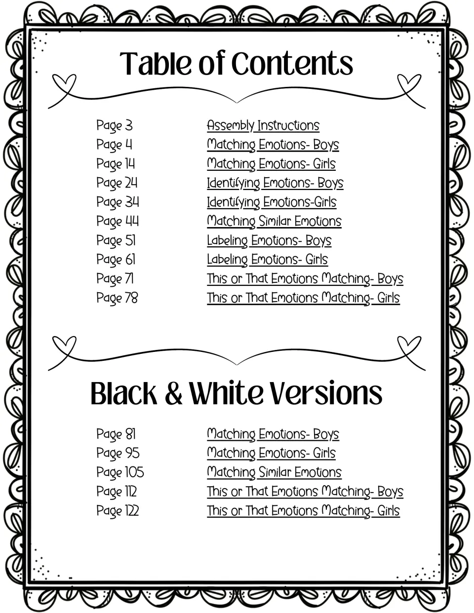 Table of contents listing matching, identifying, labeling and This or That emotions sets for boys and girls, plus B&W pages