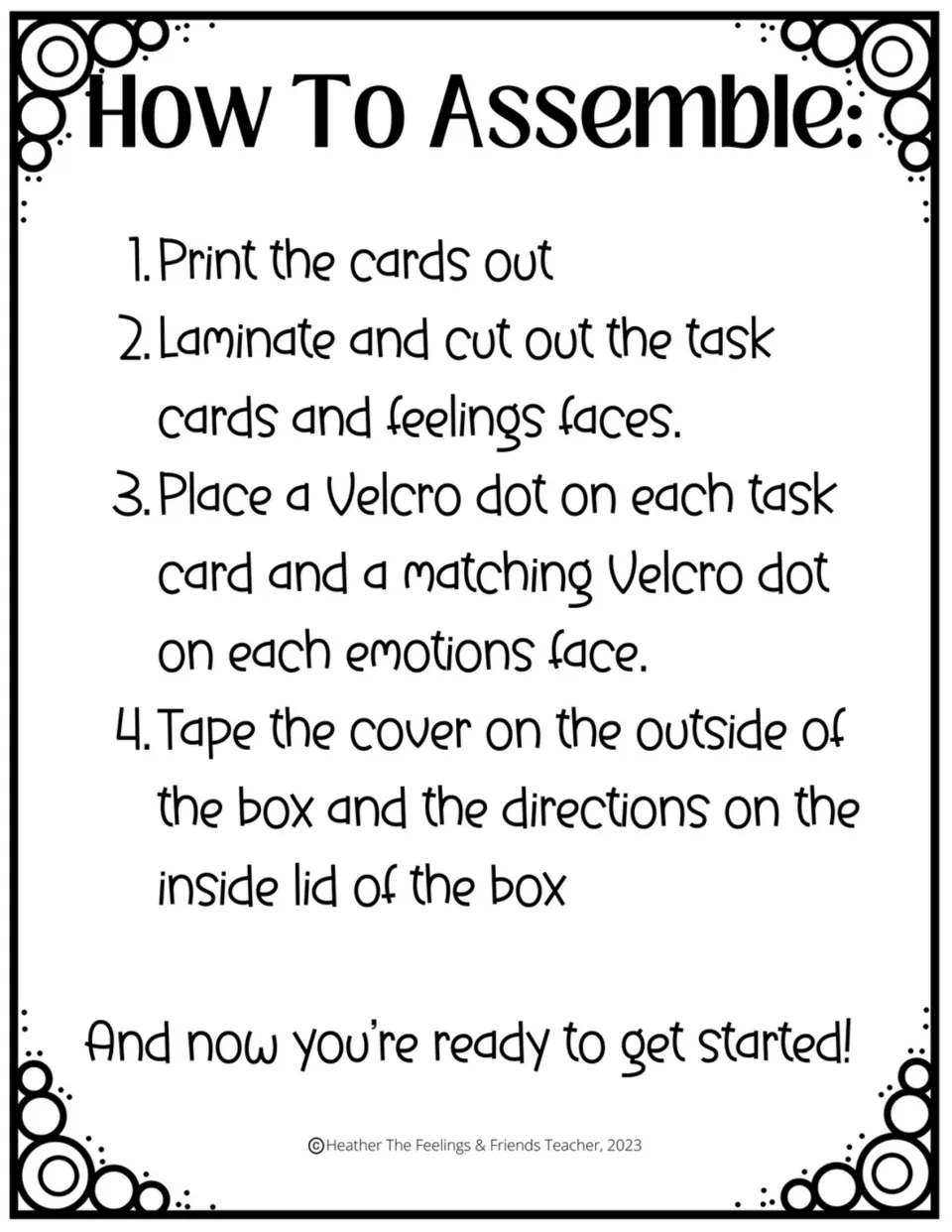 How To Assemble: steps to print, laminate and cut cards and faces, add Velcro dots, and tape cover and directions on a box