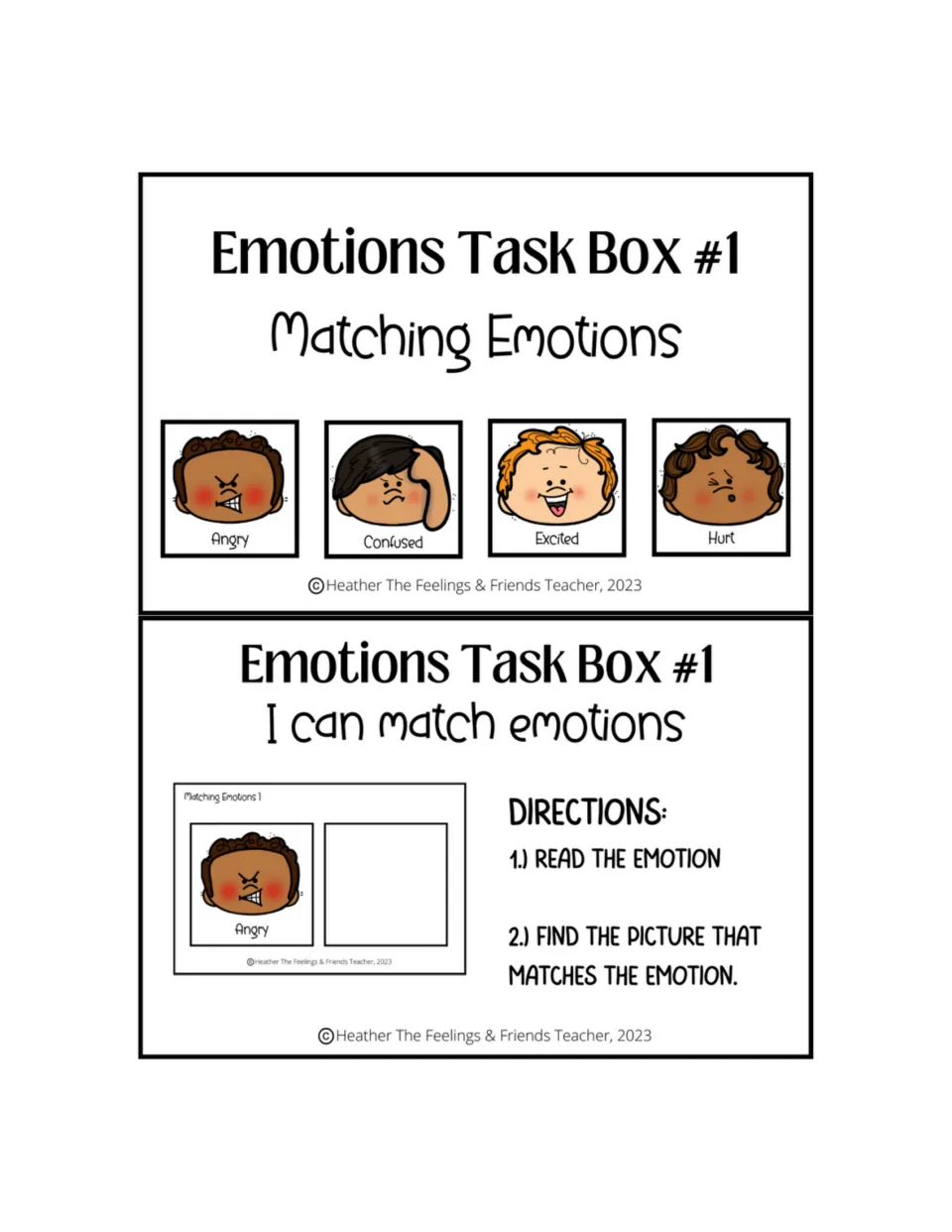 Emotions Task Box #1 label with angry, confused, excited and hurt faces and directions: read the emotion, find its match