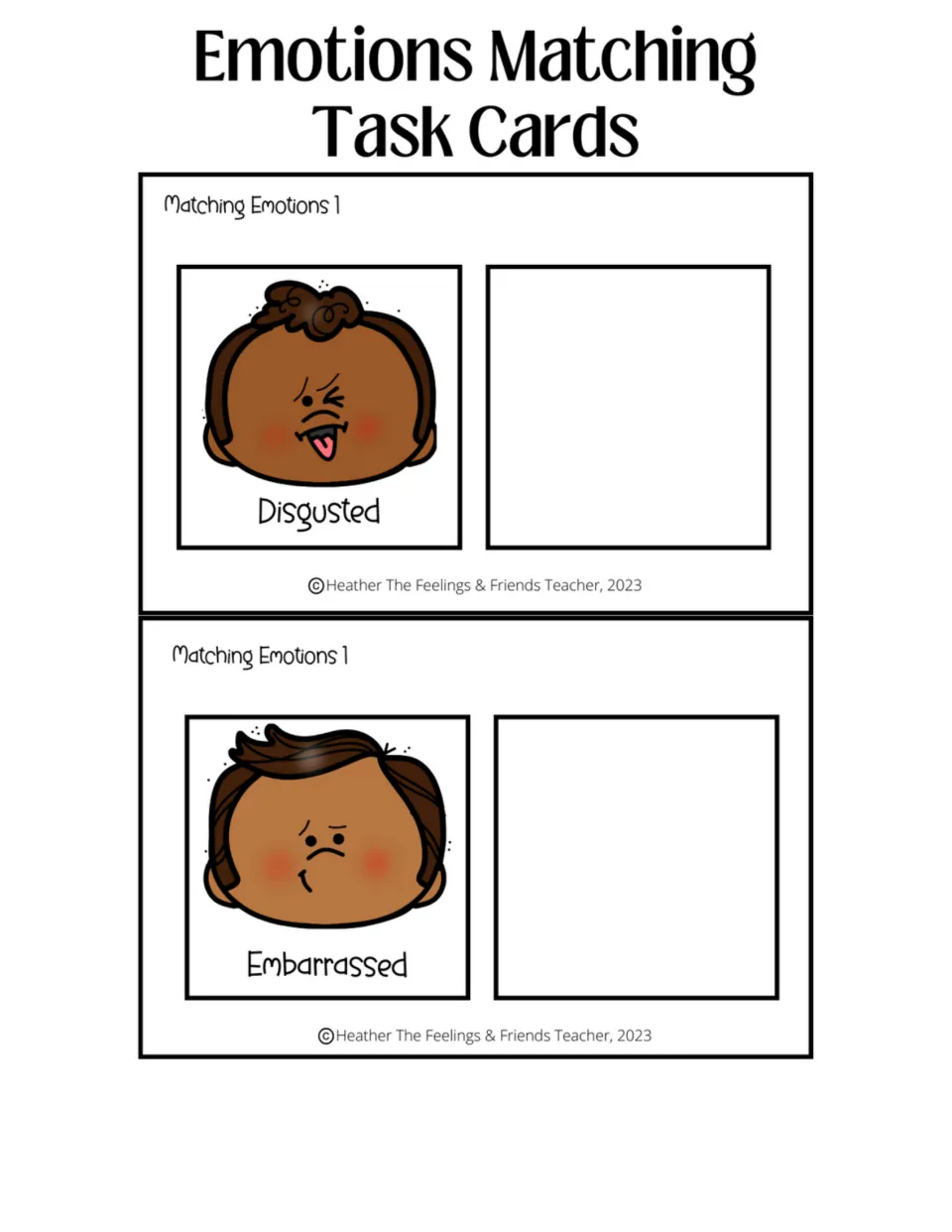 Matching emotions task cards: students attach a matching face beside the labeled disgusted and embarrassed boy faces