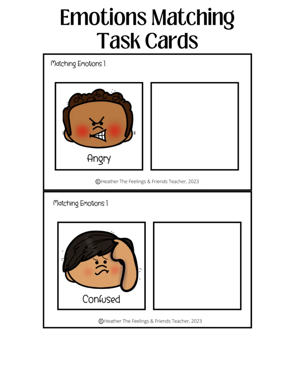 Emotion matching cards for angry and confused: students find the face that shows each feeling and place it beside the word
