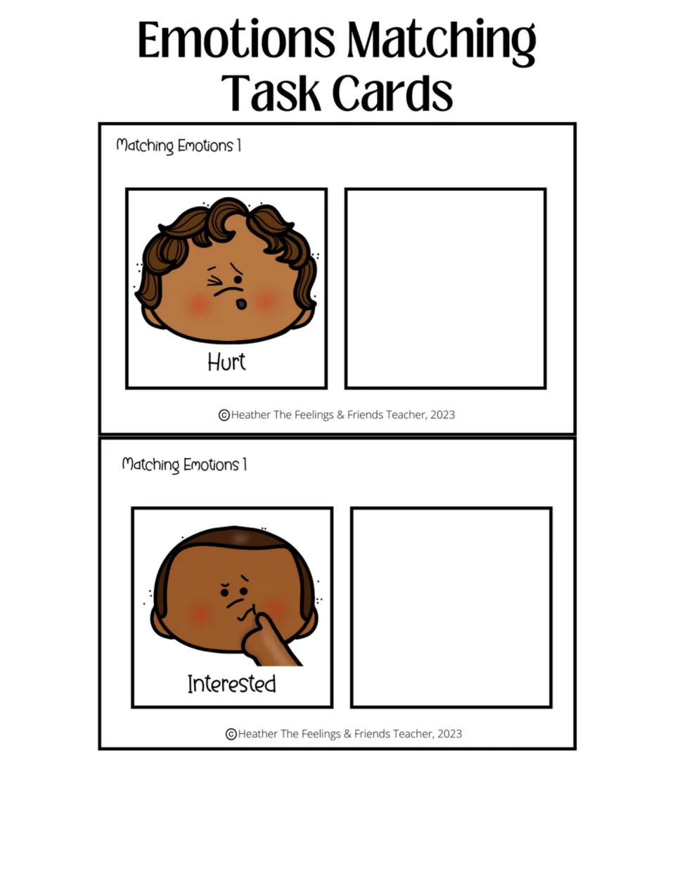 Matching cards for hurt and interested: students read each emotion word and attach the matching face beside the picture