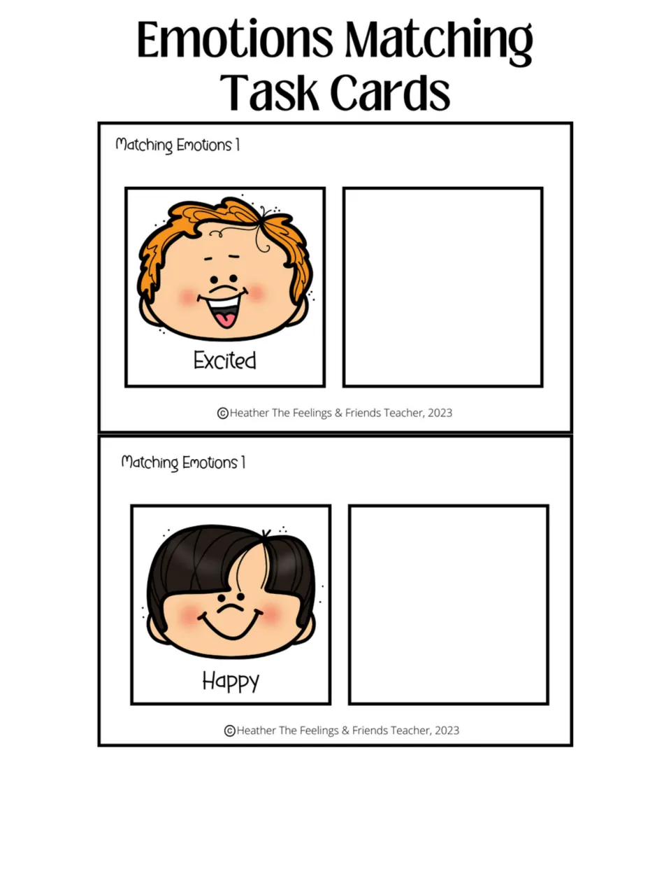 Excited and happy matching cards: students compare two smiling faces and place the matching picture by each feeling word