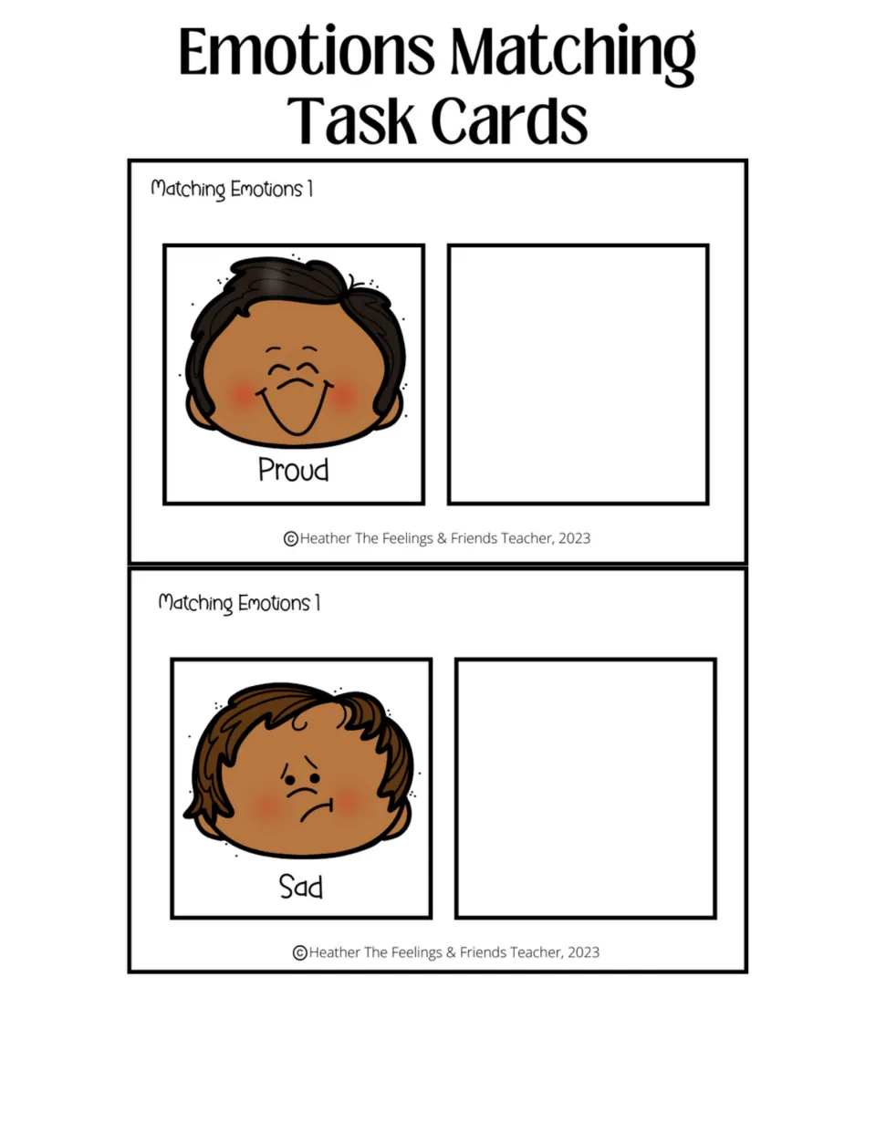 Proud and sad emotion cards: students identify each facial expression and attach its matching face piece to the card