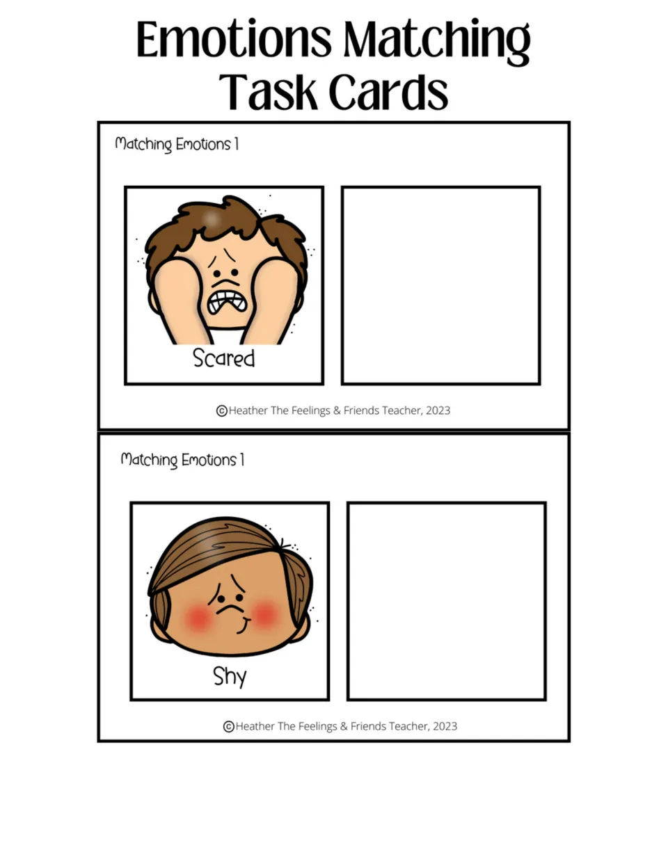 Scared and shy matching cards: students look at the face with hands on cheeks and the blushing face, then add a match