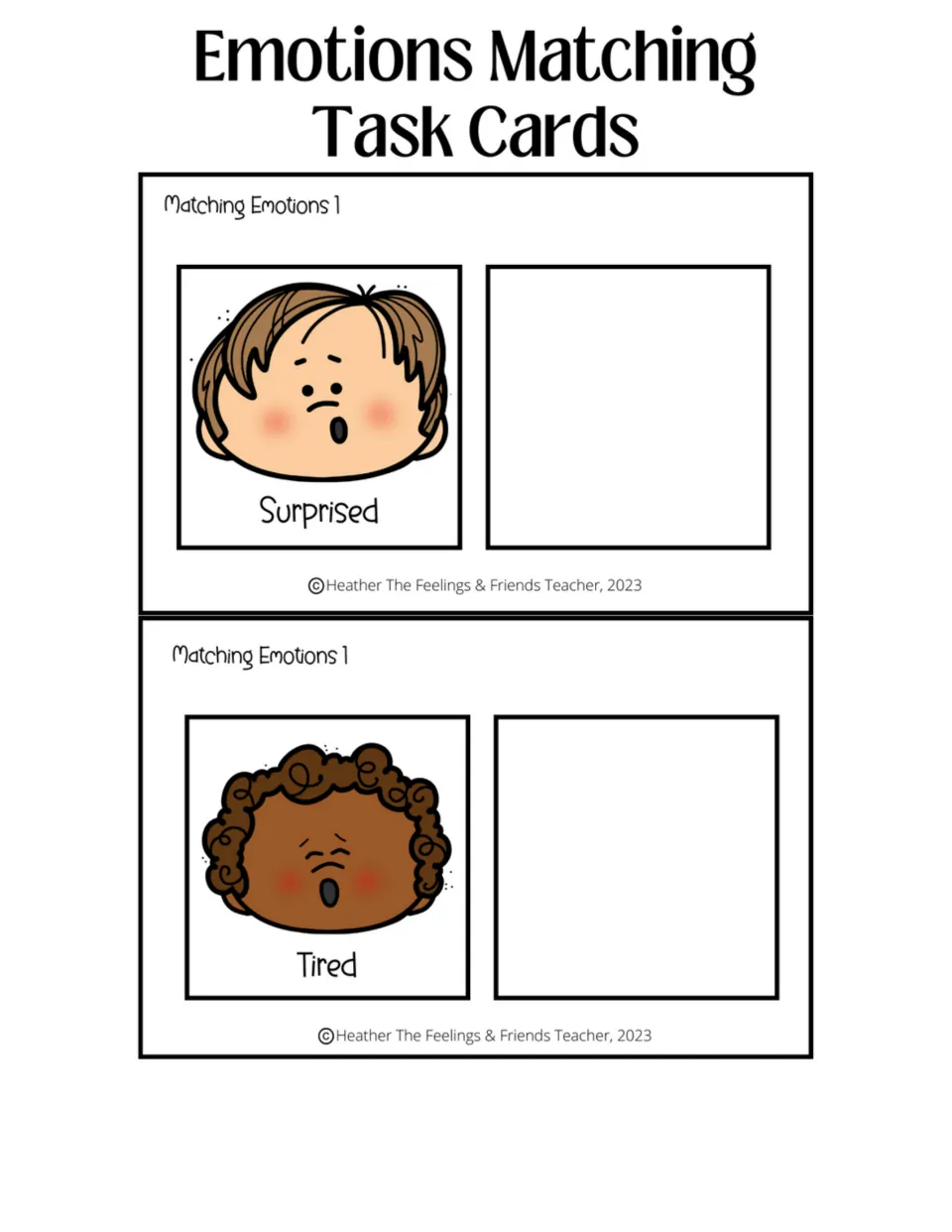 Surprised and tired cards: students match the open-mouth surprised face and the yawning tired face to matching pieces