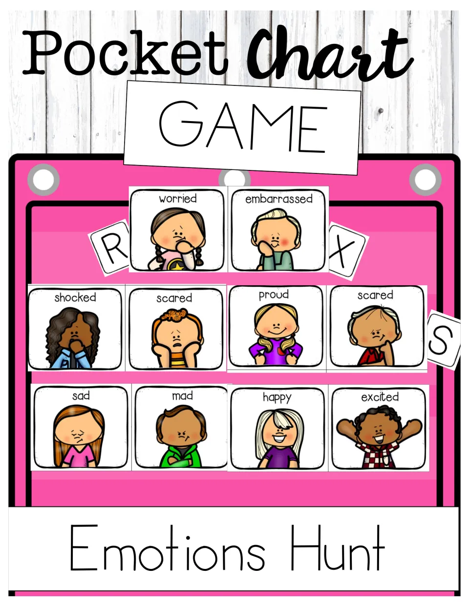 Pocket Chart Game cover: Emotions Hunt, showing labelled emotion face cards in a pink pocket chart with letters peeking out