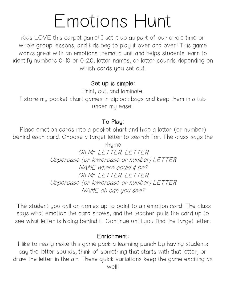 Emotions Hunt directions: set-up, the Oh Mr. LETTER rhyme, how the class finds a hidden letter, and enrichment ideas