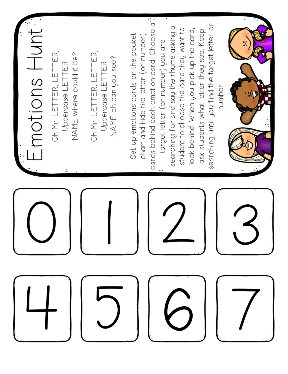 Rhyme and play card with number cards 0 to 7: students chant the rhyme, pick an emotion card and name the number behind it