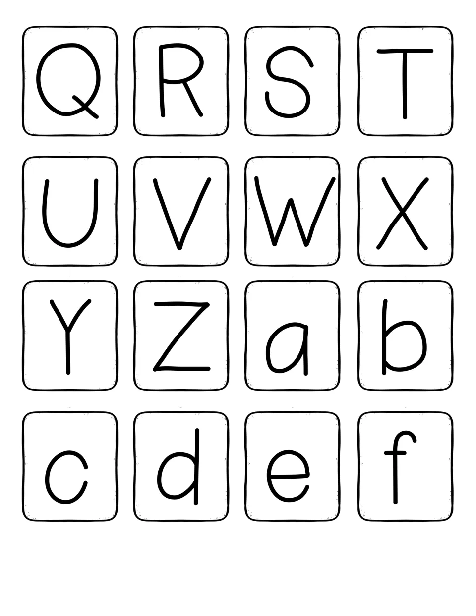 Uppercase letter cards Q to Z plus lowercase a to f, hidden behind emotion cards for letter-name and sound practice