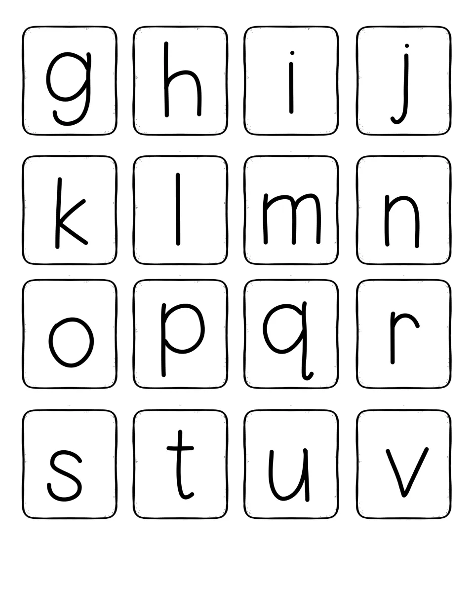 Lowercase letter cards g through v to hide behind emotion faces so students name each small letter or say its sound