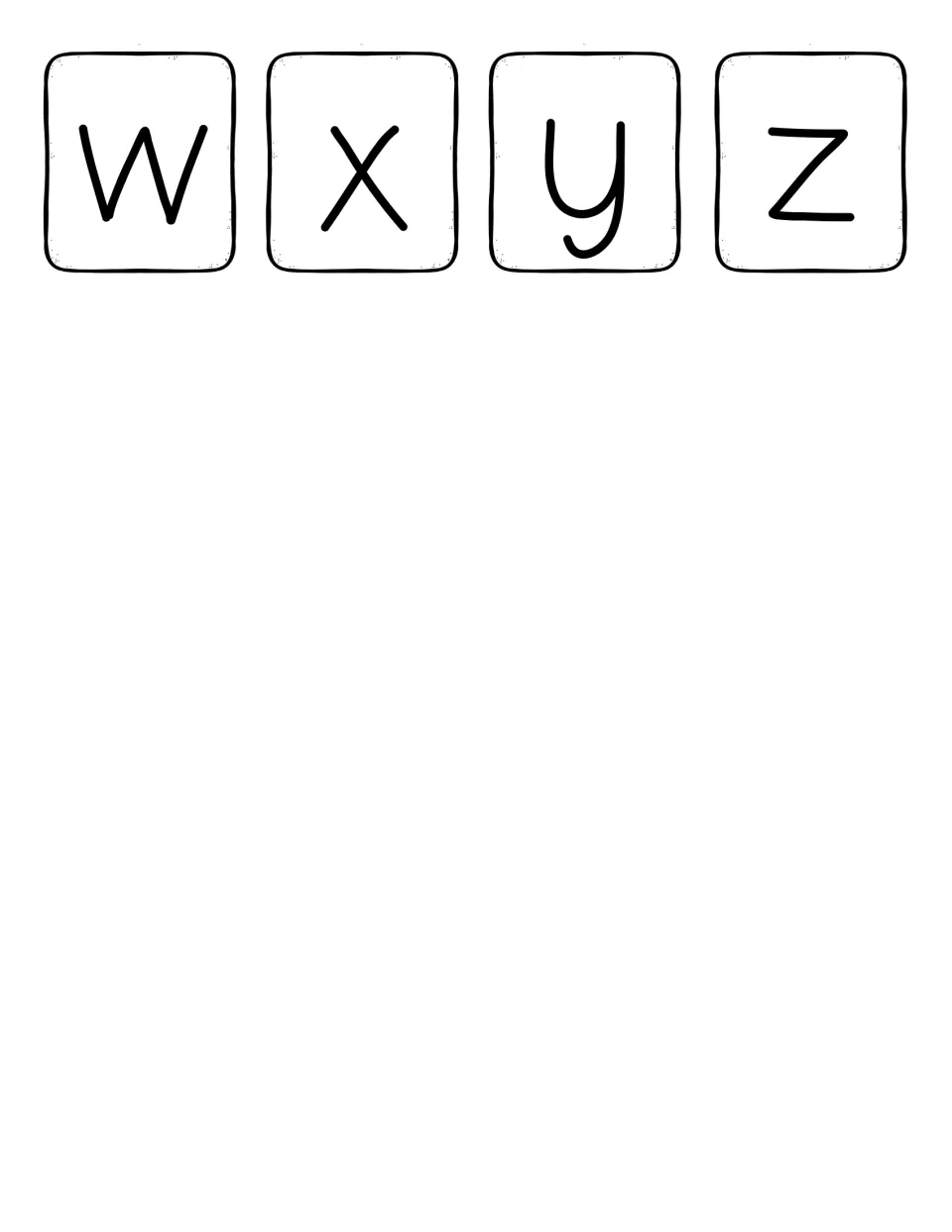Lowercase letter cards w, x, y and z completing the alphabet set that students search for behind the emotion cards