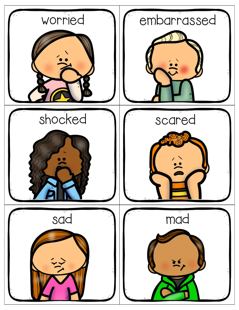 Emotion picture cards labelled worried, embarrassed, shocked, scared, sad and mad, named aloud before each is lifted