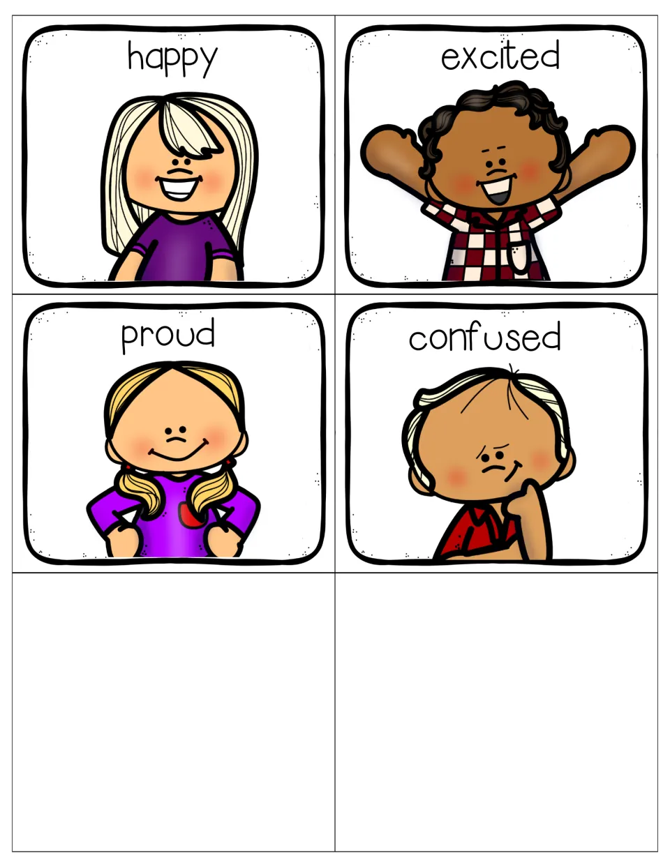 Emotion picture cards labelled happy, excited, proud and confused, with cartoon faces for students to identify feelings