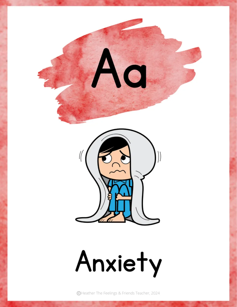 Letter Aa emotion poster: Anxiety, shown by a worried, trembling child huddled under a gray blanket hugging their knees