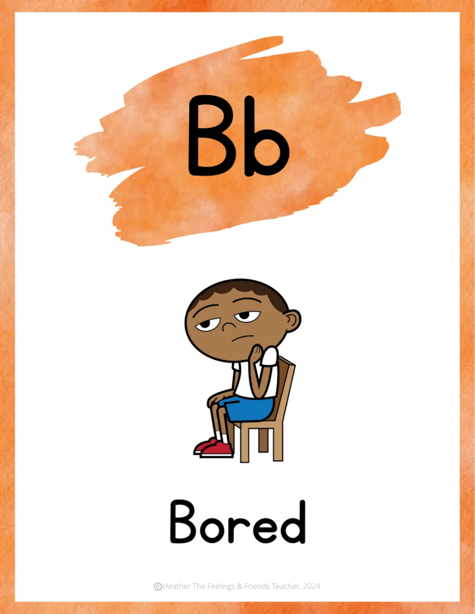 Letter Bb emotion poster: Bored, shown by a child slumped on a wooden chair, chin resting on a hand with half-closed eyes