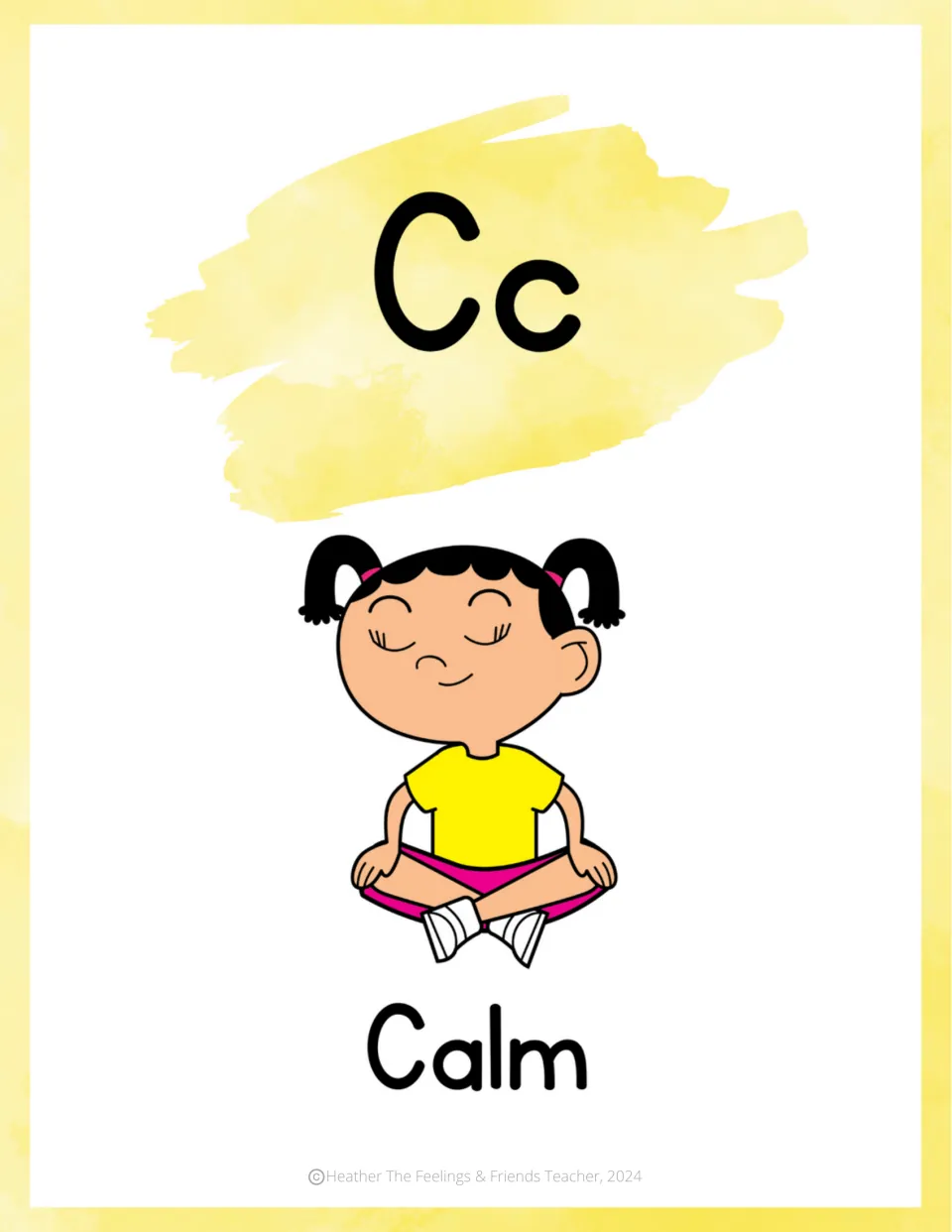 Letter Cc emotion poster: Calm, shown by a smiling child sitting cross-legged with eyes closed, as if meditating
